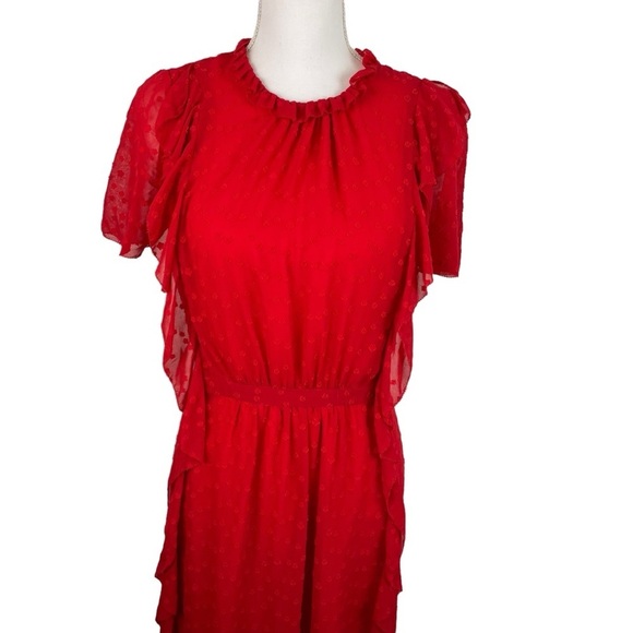 Monique Lhuillier | Red Chiffon Ruffle Floral Flutter Sleeve Dress - Picture 2 of 9